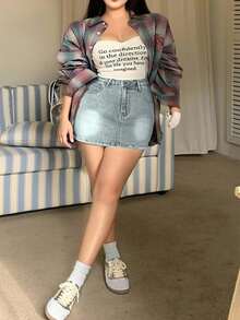 Dazy Plus Plus Size Washed Distressed Wrap-Around Bodycon Safety Short Denim Skirt, Spring/Summer Jeans Skirt - Light Wash - View 4