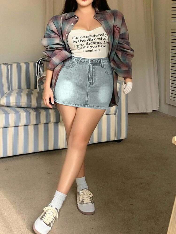 Dazy Plus Plus Size Washed Distressed Wrap-Around Bodycon Short Denim Skirt, Spring/Summer Jeans Skirt