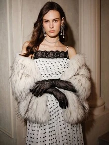 SHEIN Unity 浪漫优雅的茶会/约会蕾丝领，睫毛蕾丝胸围褶皱波尔卡圆点吊带裙，贴身腰部和喇叭形下摆，白色底色搭配黑色波尔卡圆点，适合所有季节 - 白色 - 查看 5