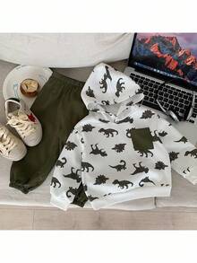 2pcs Baby Boy Knitted Dinosaur Pattern Hooded Sweatshirt And Pants Set - Multicolor - View 3