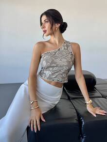 Firerie Women's Elegant Sequin Embroidered Jacquard One Shoulder Top,Gray Summer Party Gold Asymmetrical Birthday Top For Wedding Guest,Graduation,Prom,Work - Black - View 3