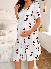 Moonlight&Mama Heart Print Maternity Loungewear Nightgown - Red - View 3