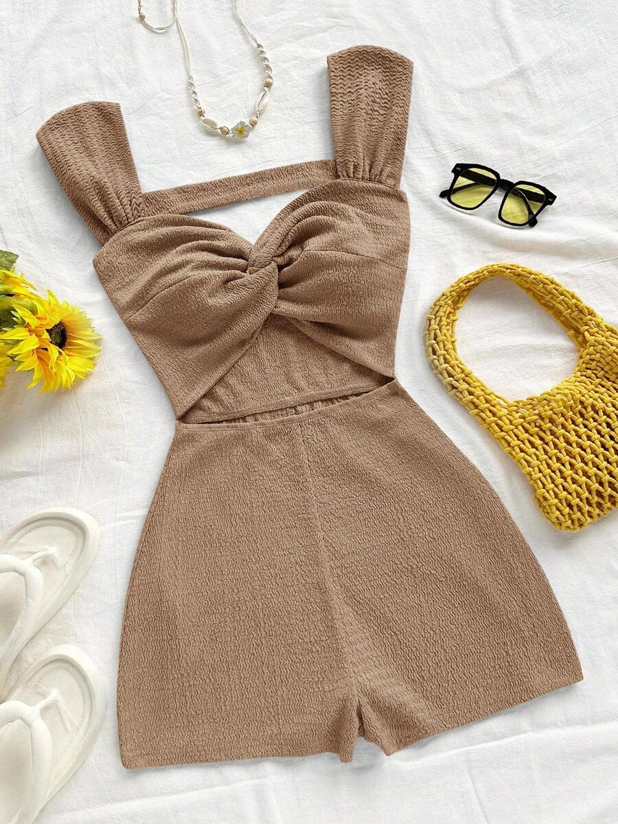 Soleia WYWH 女士度假针织条纹扭纹前低胸露背连体裤，适合派对、约会、情人节、复活节、狂欢节、下午茶、海滩、游轮、城市度假、秋冬分层穿着 - 卡其色 - 查看 1