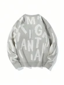 Manfinity EZcore Plus Size Men's Letter Print Front Button V-Neck Long Sleeve Cardigan, Fall/Winter