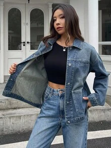 Livesso 女式宽松休闲破洞牛仔夹克和外套，秋冬 - 藍色 - 查看 3