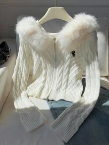 Comfortcana 秋冬女士休闲拉链羊毛连帽开衫 - 米色 - 查看 1