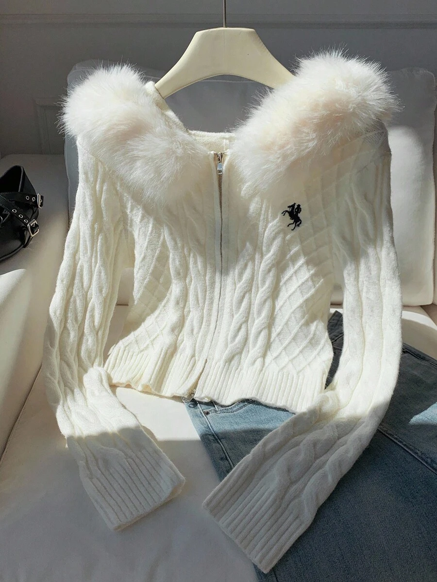 Comfortcana 秋冬女士休闲拉链羊毛连帽开衫 - 米色 - 查看 1