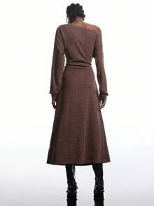 LYSMO 女式纯色不对称肩长袖褶皱休闲连衣裙 - 棕色 - 查看 2