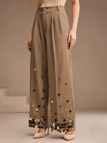 Anewsta High Waist Straight Leg Pants With Gradient Handmade Brown Sequin,Pockets,Summer,Elegant,Office,Work,Formal,Chic,New Year,Christmas,Graduation Pants - Khaki - View 6