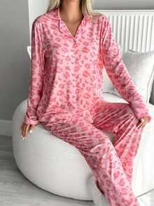 EURMUSE Women 2 Pcs Button Front With Animal Pattern Pocket Detail Long Sleeve Shirt&Pants Homewear Pajama Set Womens Pajama Set Pajama Pink Pink Pajamas Pink Animal Print Pajamas Animal Print Pajama Set - Pink - View 7