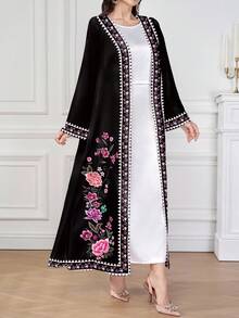 Al Najma 1 件女士舒适黑色花卉图案长袍，适合所有季节服装。，精致的花卉设计神秘优雅奢华，适合日常穿着、约会、休闲、派对礼服长袍，新品女装春季女装休闲装女士礼服女士礼服女士优雅女式长裙女士正式礼服女士长裙女士舞会礼服女士夏季礼服，端庄的阿巴雅