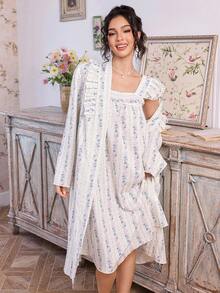 FloralLove CottageSlumber 2-teiliges romantisches Schlafanzug-Set mit Ditsy-Blumen-Spitzenbesatz und Rüschensaum, Herbst-Winter-Kleidung - Verschiedenfarbig - Übersicht 1