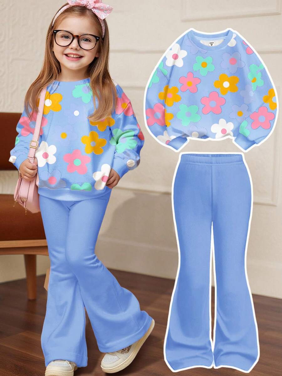 SHEIN 柔和的粉红色，可爱的多巴胺花朵图案，年轻女孩休闲简约圆领长袖运动衫和喇叭裤套装，适合秋冬季，秋季服装，轻松舒适，儿童秋季分层，时尚儿童，休闲装，儿童图案服装，返校，秋季服装 - 彩色 - 查看 1