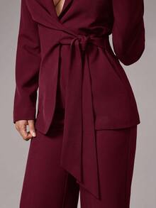Silquee Traje de chaqueta y pantalones de unicolor con cuello de solapa, manga larga, nudo lateral, elegante para ir al trabajo, adecuado para cóctel, cita romántica, fiesta básica de otoño/invierno, fiesta formal, boda - Burdeos - Ver 6