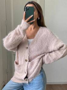 DAZY Cárdigan de punto grueso de manga larga con cuello en V y bolsillos, de unicolor y holgado, estilo casual de calle para otoño/invierno - Rosa - Ver 3
