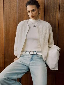 EMERY ROSE 女式秋季蕾丝领拉链棒球夹克 - 米色 - 查看 2