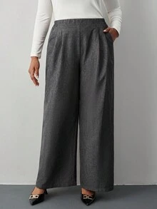 SHEIN Tall CURVE Plus Size Women's Autumn And Winter Fashion Casual Loose Daily Comfortable Retro Gray Elastic Waist Wide Leg Pants,Women Bottom,Work Pants,Fall Outfits,Old Money,Vintage Pants,Curve Pants Gray Pants Plus Size Dress Pants Tall Plus Size Pants Plus Size Slacks Plus Size Wide Leg Pants