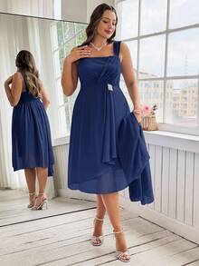 Ellevyn Conjunto elegante de chaqueta de manga 3/4 de frente abierto y vestido con tirantes gruesos para mujer de talla grande de unicolor - Azul Marino - Ver 5