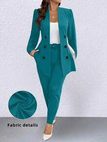 Elenzga Conjunto de chaqueta y pantalones de talla grande para mujer, de manga larga y doble botonadura, elegante, para otoño - Agua verde azul - Ver 1