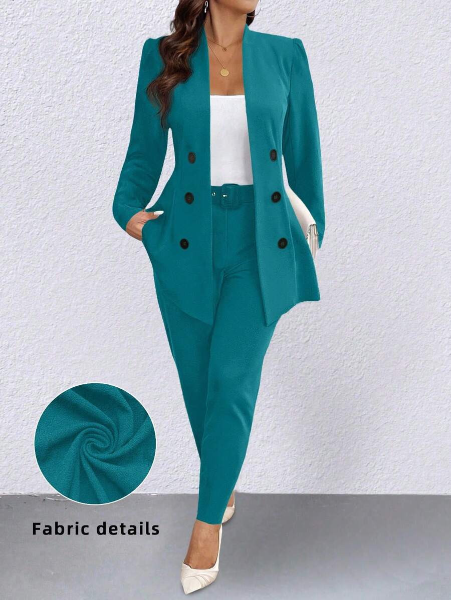 Elenzga Conjunto de chaqueta y pantalones de talla grande para mujer, de manga larga y doble botonadura, elegante, para otoño - Agua verde azul - Ver 1