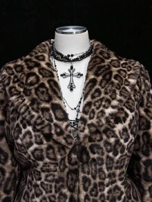 Sunspun Áo khoác lông thú giả cổ họa tiết da báo tay dài cỡ lớn - Nhiều màu - Xem 3