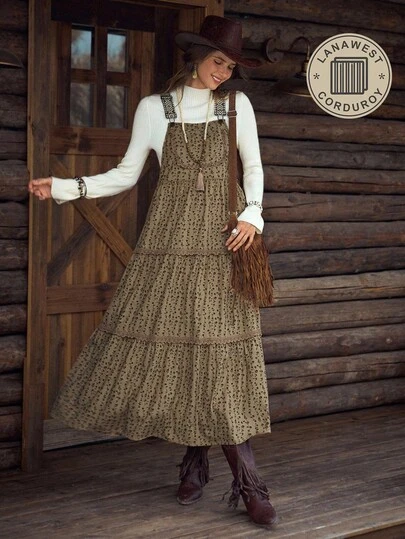  女式卡其色灯芯绒印花宽松可调节长款休闲背带连衣裙，LanaWest