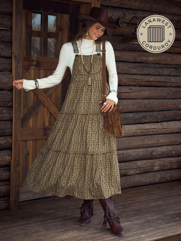 LanaWest Vestido casual de peto largo, holgado y ajustable de pana estampada en caqui, LanaWest