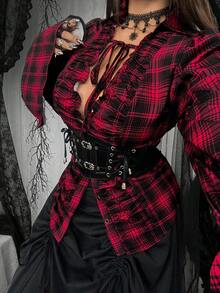 Flirla Plus Size Women's Black And Red Plaid Print Goth Shirt,V-Neck Ruched Long Sleeve Vintage Punk Button Front Top For Autumn,Halloween,Party Daily Wear - Multicolor - View 1