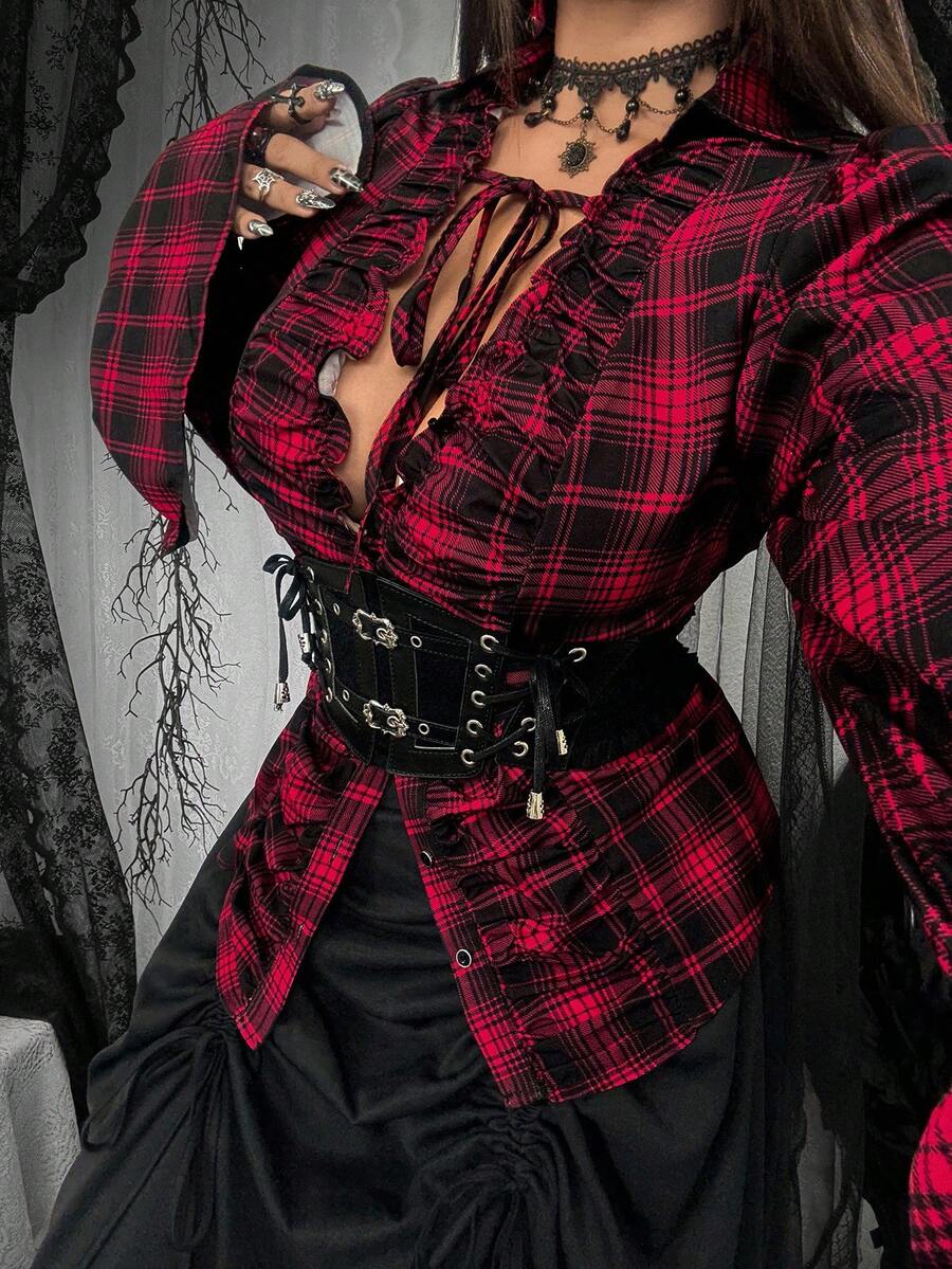 Flirla Plus Size Women's Black And Red Plaid Print Goth Shirt,V-Neck Ruched Long Sleeve Vintage Punk Button Front Top For Autumn,Halloween,Party Daily Wear - Multicolor - View 1