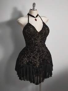 SHEIN ICON 大码女式 Y2K 复古时尚度假性感简约露背植绒波西米亚西式连衣裙搭配短裤，万圣节服装 - 黑色 - 查看 5