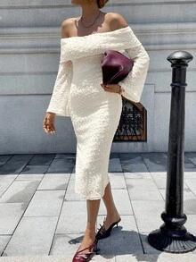Chiquease Off Shoulder Knit Bodycon Dress, Sexy & Slimming, Long Sleeve - Apricot - View 4