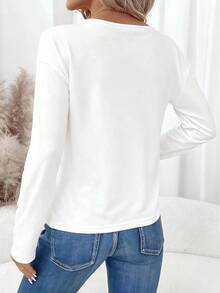 SHEIN LUNE 女士休闲纯色V领长袖T恤，适合秋冬季节穿着，百搭V领上衣，女士长袖上衣，秋季女装，白色长袖上衣，白色衬衫，休闲款 - 白色 - 查看 2