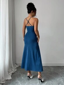 Siren Gaze 女士蓝色牛仔吊带修身连衣裙、女士夏季服装、舞会礼服、女士复活节礼服、春季连衣裙 - 淺色水洗藍 - 查看 2