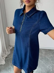 Siren Gaze Robe en jean décontractée à manches courtes et demi-zip pour femmes, col chemise, robe d'été, robe d'été boho, robe d'été de plage, tenues d'été pour femmes, robes de printemps pour femmes, vêtements d'été pour femmes, tenues de festival, vêtements Y2K, tenues de cowgirl pour femmes, vêtements d'été, vêtements de printemps, vêtements occidentaux pour femmes, tenues de travail pour femmes - Jean brut - Voir 4