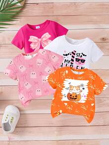 4 piezas Camisetas de manga corta de cuello redondo casuales con estampado gráfico de elementos de Halloween para niñas bebés, adecuadas para el verano