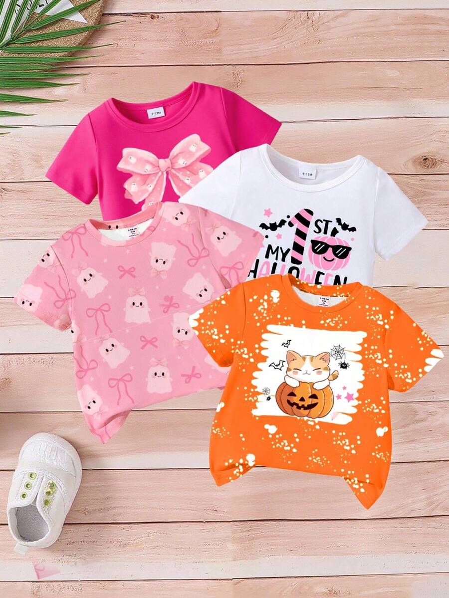 4 piezas Camisetas de manga corta de cuello redondo casuales con estampado gráfico de elementos de Halloween para niñas bebés, adecuadas para el verano