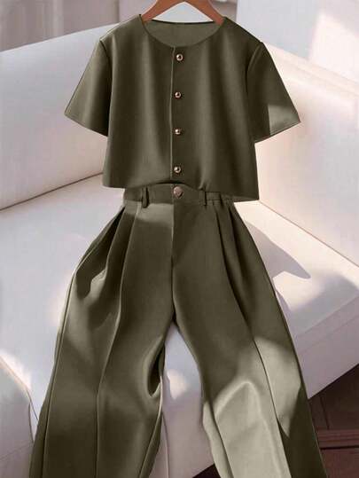 Franclia 2pcs Women's Fashion Elegant Round Neck Short Sleeve Shirt & Casual Pants Set Sage Green Outfit Blouse And Pants Set Shirt And Pants Set Olive Green Outfit Women Pants Suit