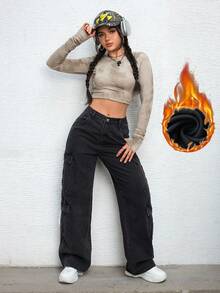 SHEIN EZwear Women's Summer Zipper Fly Flap Pocket Cargo Jeans - Black - View 5