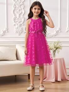 Tween Girls' Elegant Halter Neck Patchwork Mesh Dress - Hot Pink - View 5