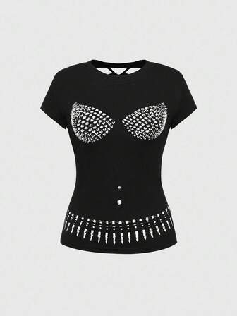 Grunge Punk Camiseta versátil de unicolor con diseño de remaches, corte láser y espalda ajustada, con efecto de modelado corporal en estilo punk Y2K