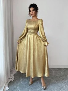 Elenzga 女士编织优雅长款秋季金色连衣裙 - 金色 - 查看 4