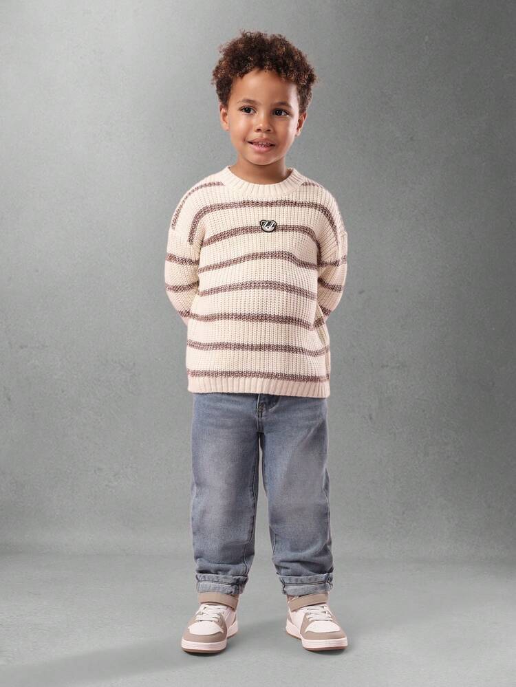 Striped Knit Sweater With Badge Detail And Ribbed Texture