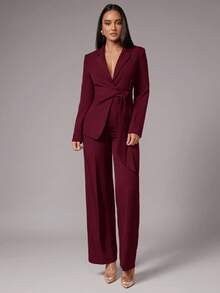 Silquee Traje de chaqueta y pantalones de unicolor con cuello de solapa, manga larga, nudo lateral, elegante para ir al trabajo, adecuado para cóctel, cita romántica, fiesta básica de otoño/invierno, fiesta formal, boda - Burdeos - Ver 3