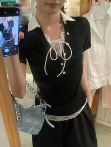 DAZY 女士拼色短袖休闲T恤 - 黑色 - 查看 6