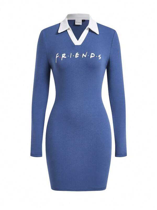 FRIENDS X SHEIN Women Navy Blue Letter Print Contrast V-Collar Long Sleeve Bodycon Short Dress, Casual Wear For Spring And Autumn Christmas Dress Thanksgiving Dress Winter Dress