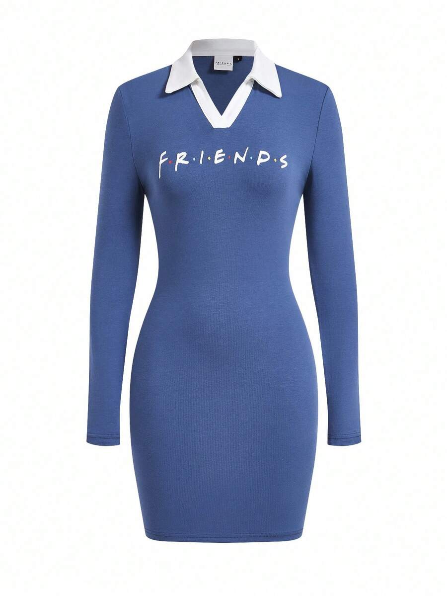 FRIENDS X SHEIN Women Navy Blue Letter Print Contrast V-Collar Long Sleeve Bodycon Short Dress, Casual Wear For Spring And Autumn Christmas Dress Thanksgiving Dress Winter Dress - Blue - View 1