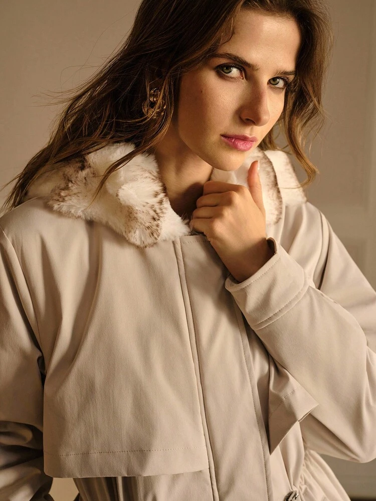 WOMEN'S DRAWSTRING WAIST HOODED COAT WITH FURRY COLLAR, AUTUMN/WINTER