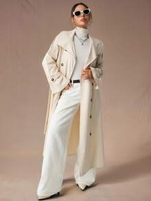 SHEIN ICON 女士中长款高领优雅通勤风衣秋冬 - 卡其色 - 查看 2