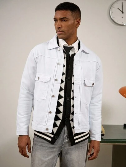 RivetRise Casual Minimalist White Fitted Accordion Pleated Oversized Pocket Denim Jacket, Spring/Autumn White Jacket Men