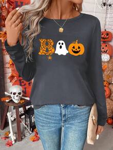 SHEIN LUNE Women's Halloween Casual Ghost & Pumpkin Graphic Round Neck Loose Fit Long Sleeve Sweatshirt,Dark Grey,Autumn,Holiday Day Fall Clothes For Women - Dark Grey - View 2